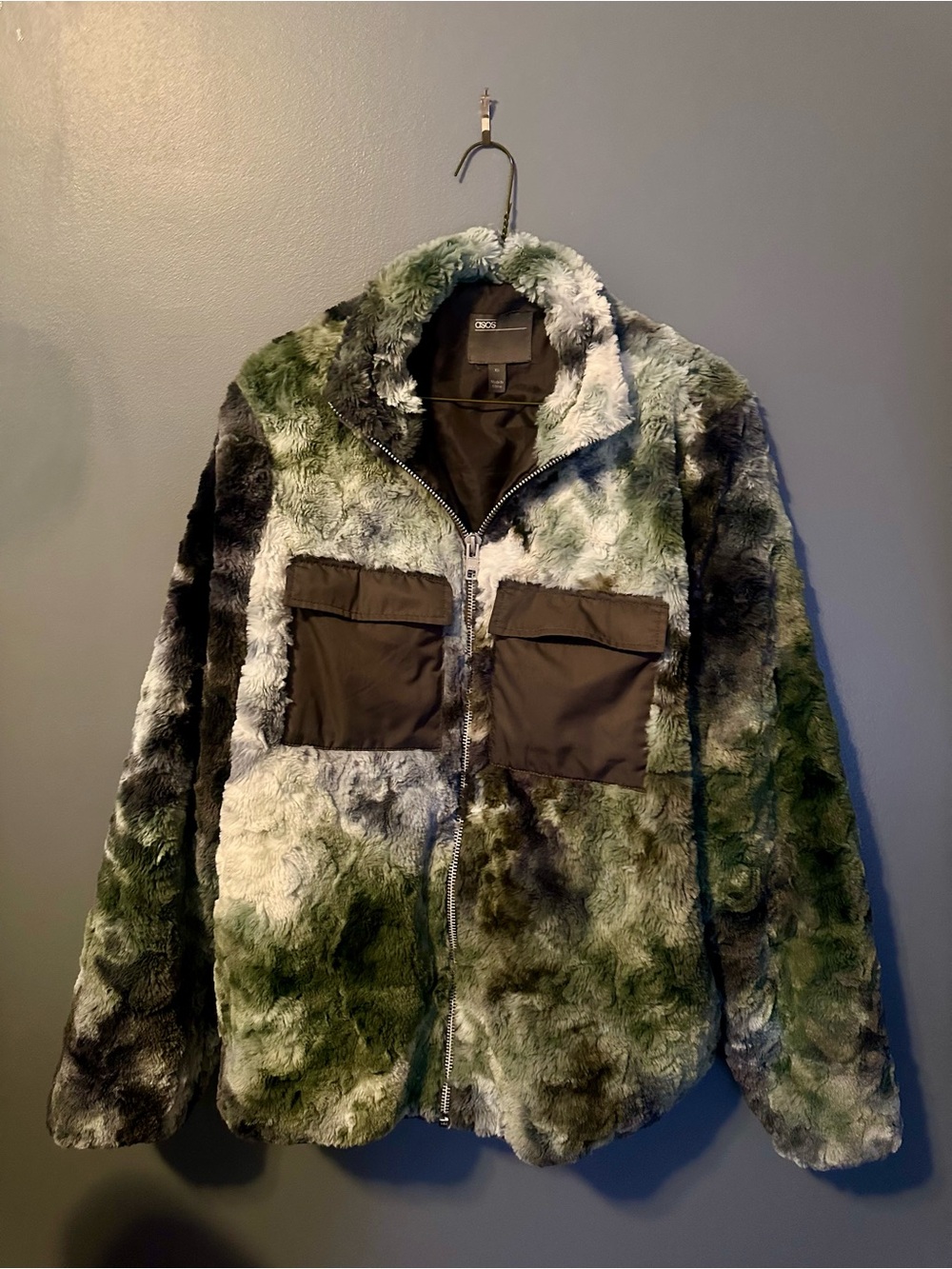 ASOS Faux Fur Puffer Jacket in Green Camouflage